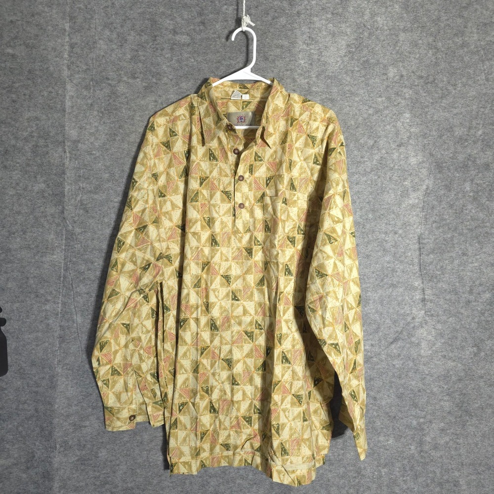 The Territory Ahead Shirt Mens XL Tan Geometric Triangle Poplin Henley Cotton